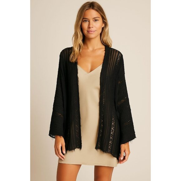 Free People FP One Frayed Distressed Open Front Kimono Crochet Lace Sheer Boho - Picture 1 of 13